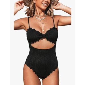 Cupshe Elegant Black Cutout One-Piece Swimsuit with Scalloped Edges Beach size L